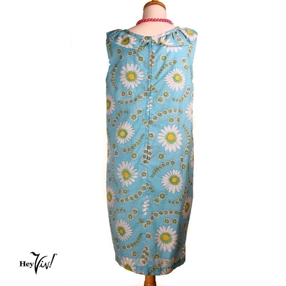 Vintage Sleeveless Daisy Print Dress w Ruffle Neckline Metal Zip Sz XL - Hey Viv - Picture 5 of 7